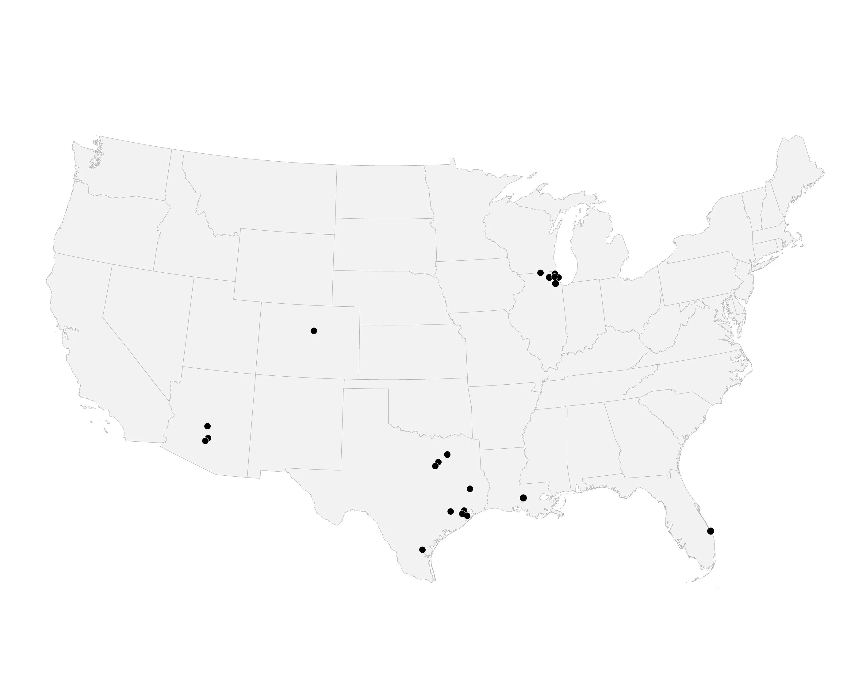 Map of the United States with a dot marking each Structured Real Estate project location
